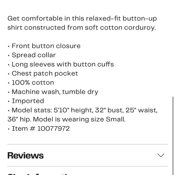 Frank & Eileen Eileen relaxed fit corduroy button up shirt NWT - Picture 5 of 5